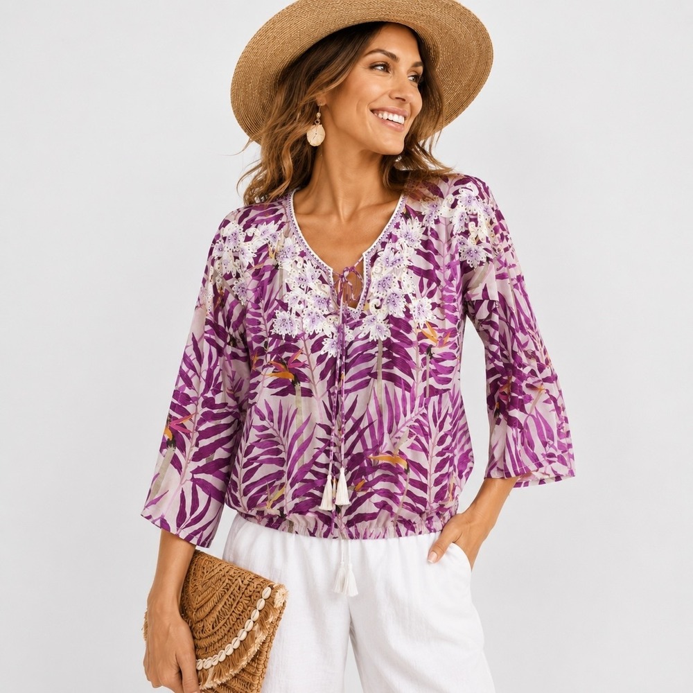 Taj 100% Silk Floral Blouse Womens S Purple Tropical Bell Sleeve Resort Beaded